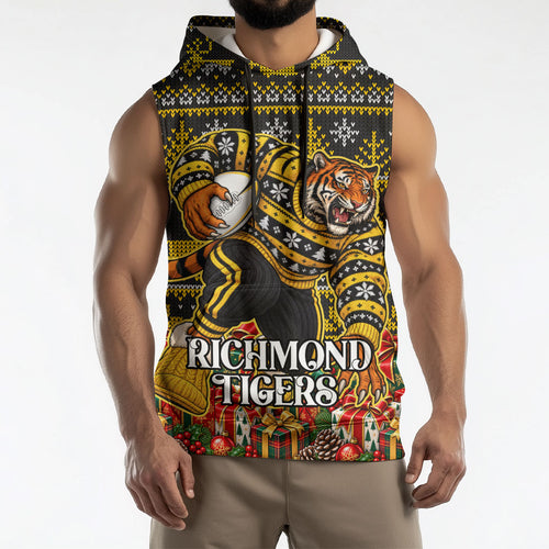 Personalized Richmond Tigers Football Christmas Sleeveless Hoodie Australian Football Mascot - Ugly Xmas Pattern Festive