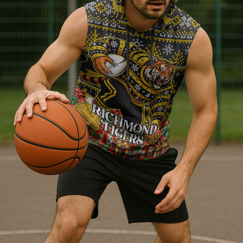 Personalized Richmond Tigers Football Christmas Sleeveless Hoodie Australian Football Mascot - Ugly Xmas Pattern Festive