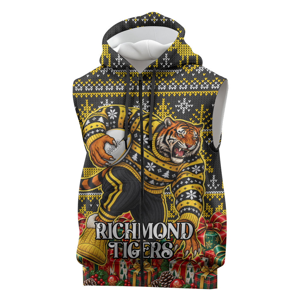 Personalized Richmond Tigers Football Christmas Sleeveless Zip Hoodie Australian Football Mascot - Ugly Xmas Pattern Festive