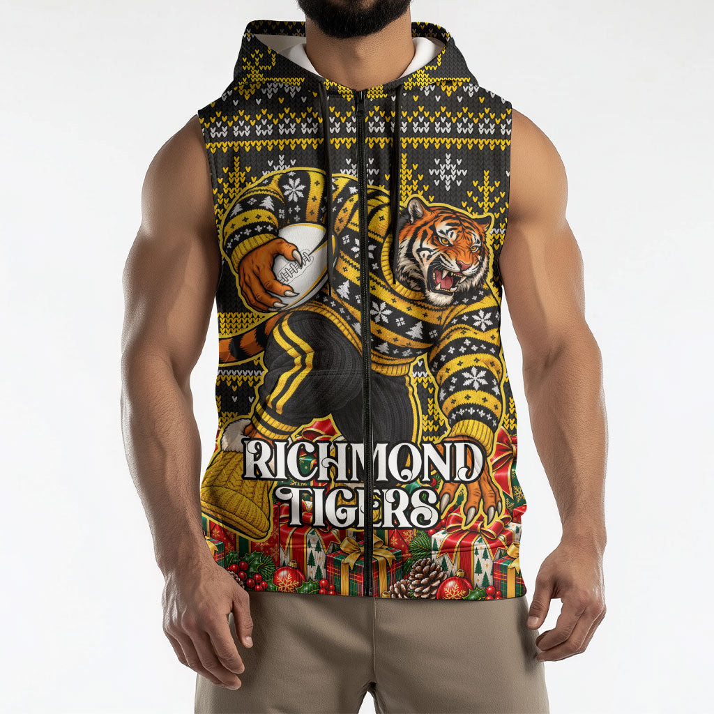Personalized Richmond Tigers Football Christmas Sleeveless Zip Hoodie Australian Football Mascot - Ugly Xmas Pattern Festive