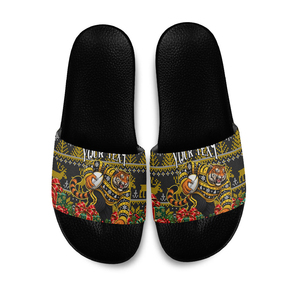 Personalized Richmond Tigers Football Christmas Slide Sandals Australian Football Mascot - Ugly Xmas Pattern Festive