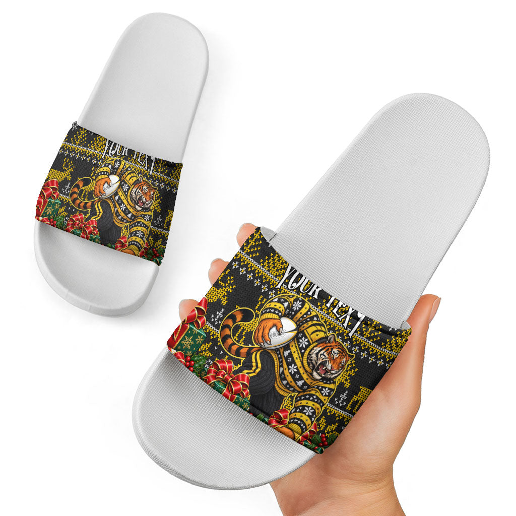 Personalized Richmond Tigers Football Christmas Slide Sandals Australian Football Mascot - Ugly Xmas Pattern Festive