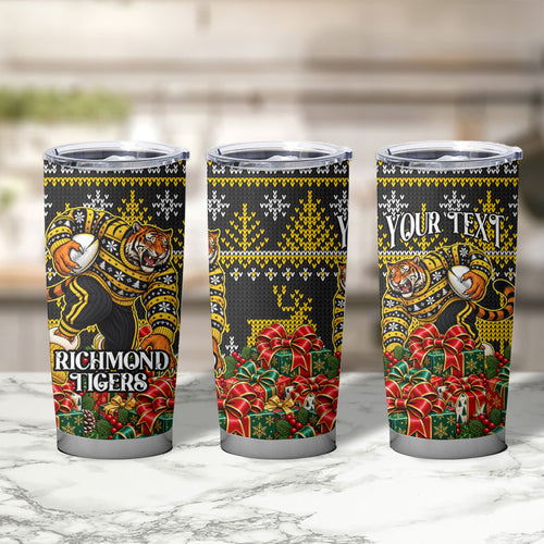 Personalized Richmond Tigers Football Christmas Tumbler Cup Australian Football Mascot - Ugly Xmas Pattern Festive
