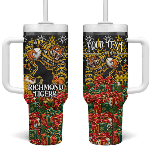 Personalized Richmond Tigers Football Christmas Tumbler With Handle Australian Football Mascot - Ugly Xmas Pattern Festive