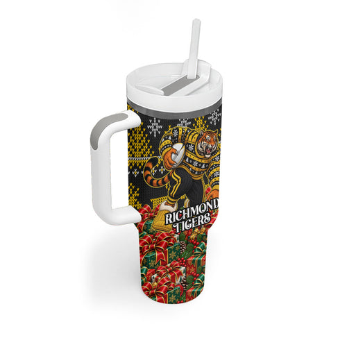 Personalized Richmond Tigers Football Christmas Tumbler With Handle Australian Football Mascot - Ugly Xmas Pattern Festive