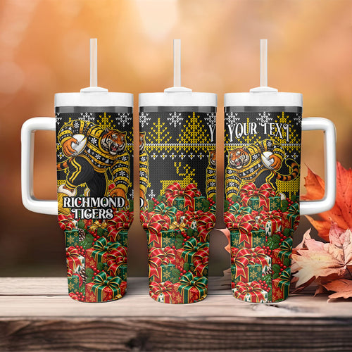 Personalized Richmond Tigers Football Christmas Tumbler With Handle Australian Football Mascot - Ugly Xmas Pattern Festive