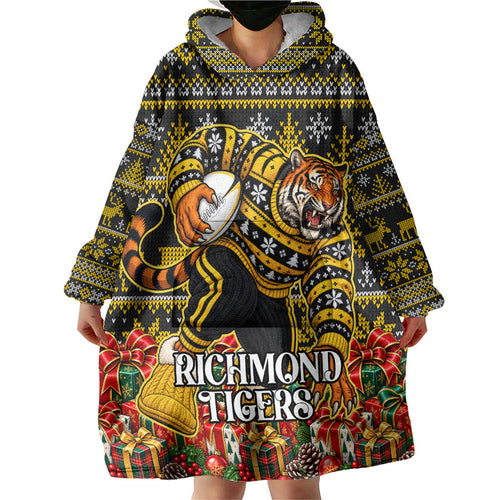 Personalized Richmond Tigers Football Christmas Wearable Blanket Hoodie Australian Football Mascot - Ugly Xmas Pattern Festive