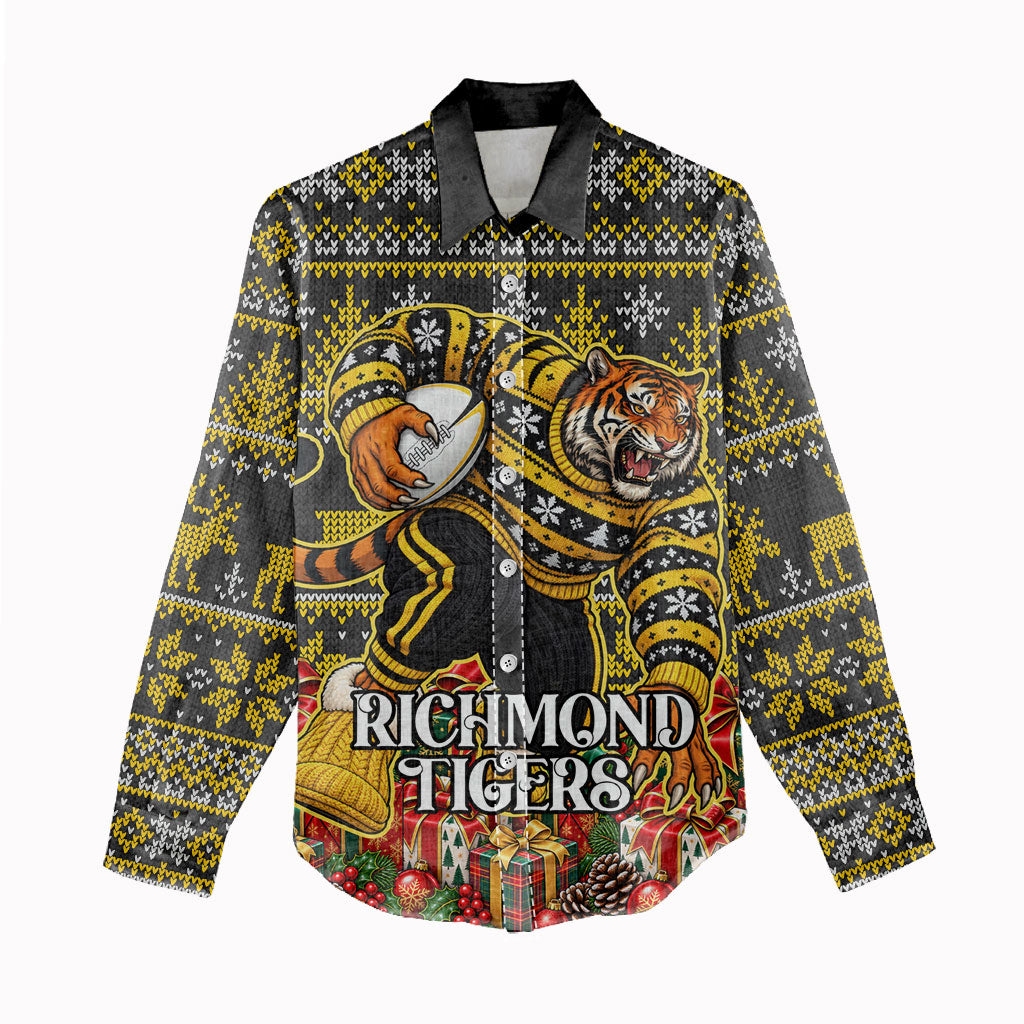 Personalized Richmond Tigers Football Christmas Women Casual Shirt Australian Football Mascot - Ugly Xmas Pattern Festive