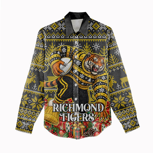 Personalized Richmond Tigers Football Christmas Women Casual Shirt Australian Football Mascot - Ugly Xmas Pattern Festive