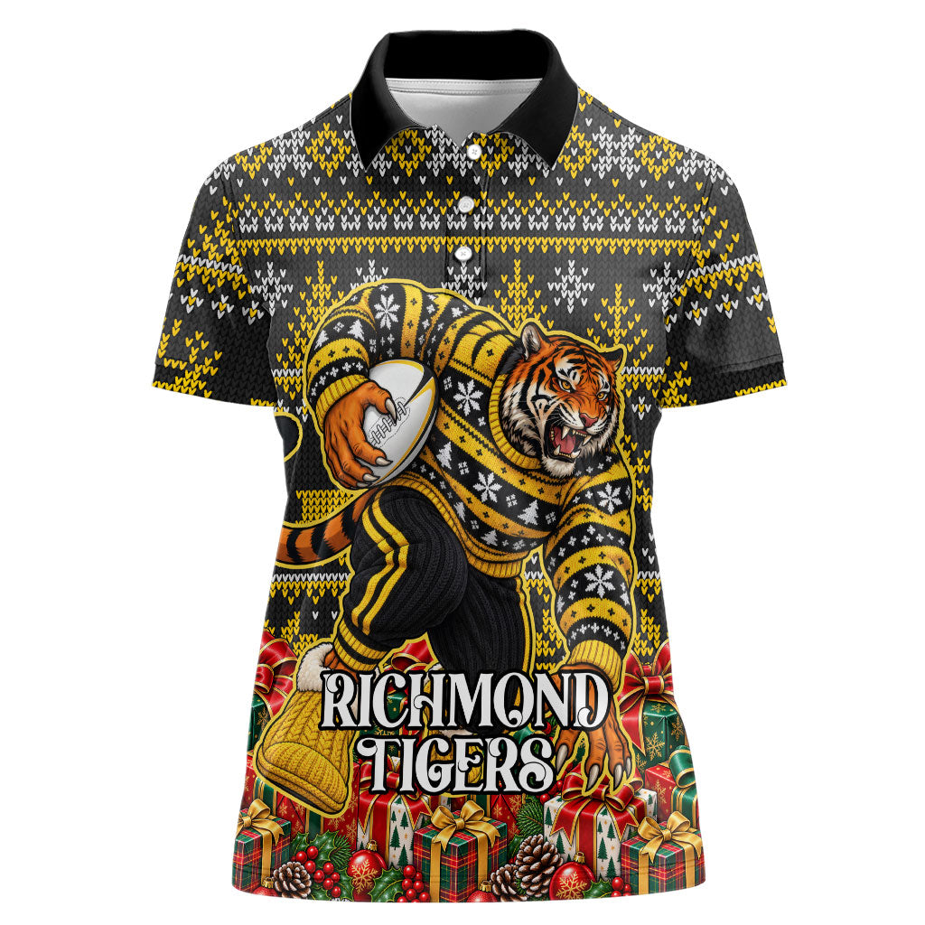 Personalized Richmond Tigers Football Christmas Women Polo Shirt Australian Football Mascot - Ugly Xmas Pattern Festive