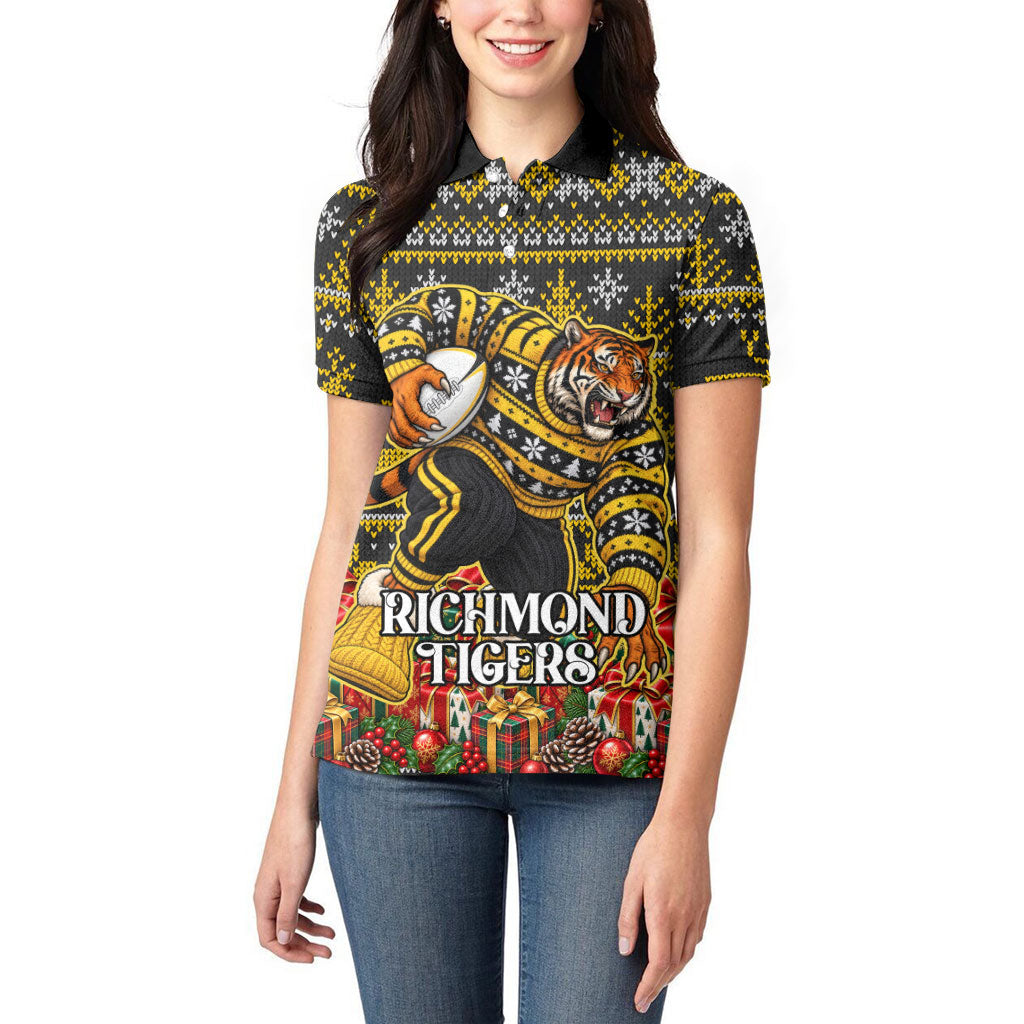 Personalized Richmond Tigers Football Christmas Women Polo Shirt Australian Football Mascot - Ugly Xmas Pattern Festive