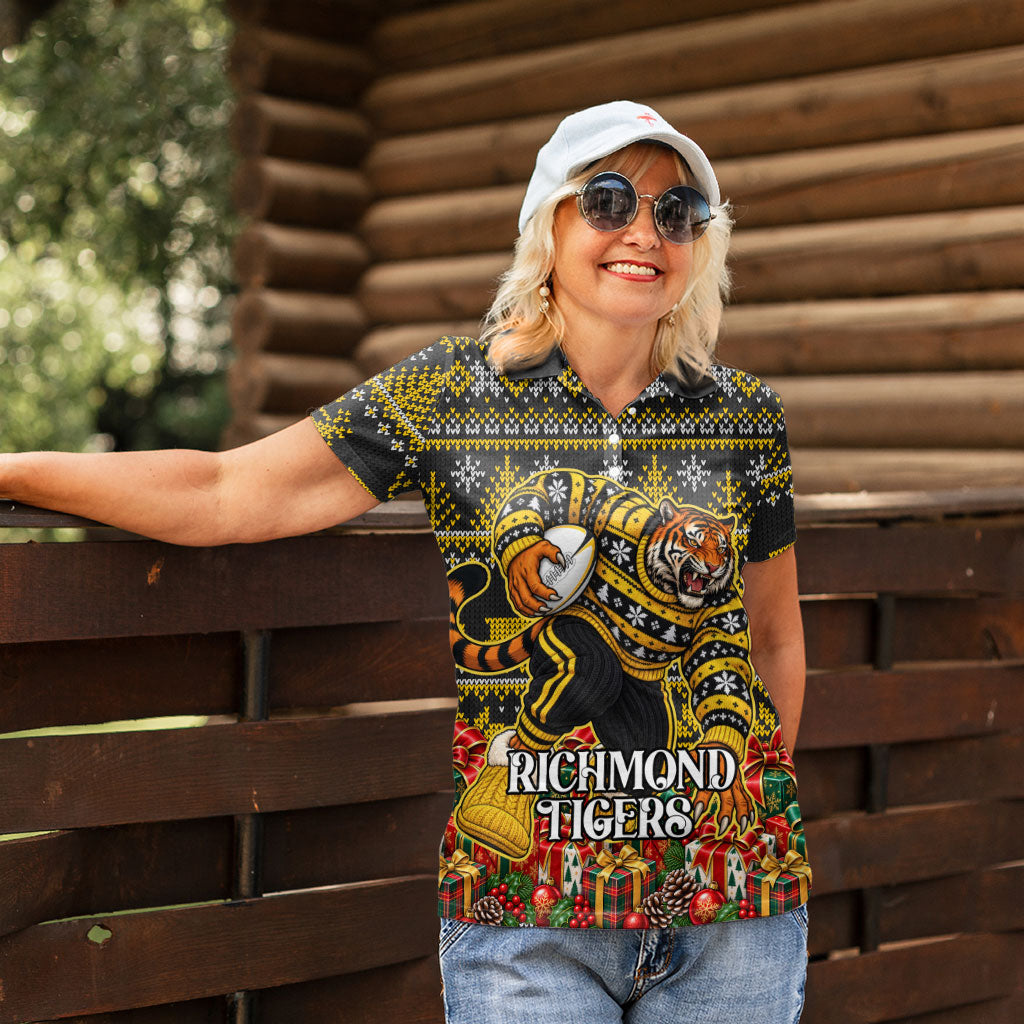 Personalized Richmond Tigers Football Christmas Women Polo Shirt Australian Football Mascot - Ugly Xmas Pattern Festive
