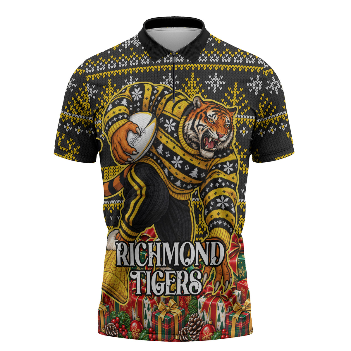 Personalized Richmond Tigers Football Christmas Zipper Polo Shirt Australian Football Mascot - Ugly Xmas Pattern Festive