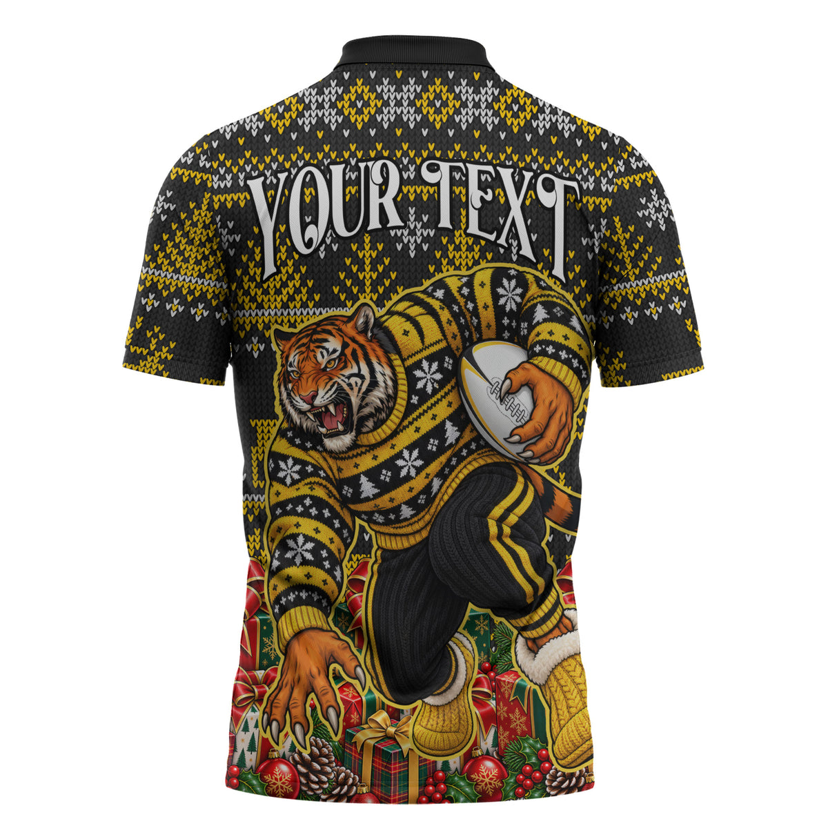 Personalized Richmond Tigers Football Christmas Zipper Polo Shirt Australian Football Mascot - Ugly Xmas Pattern Festive