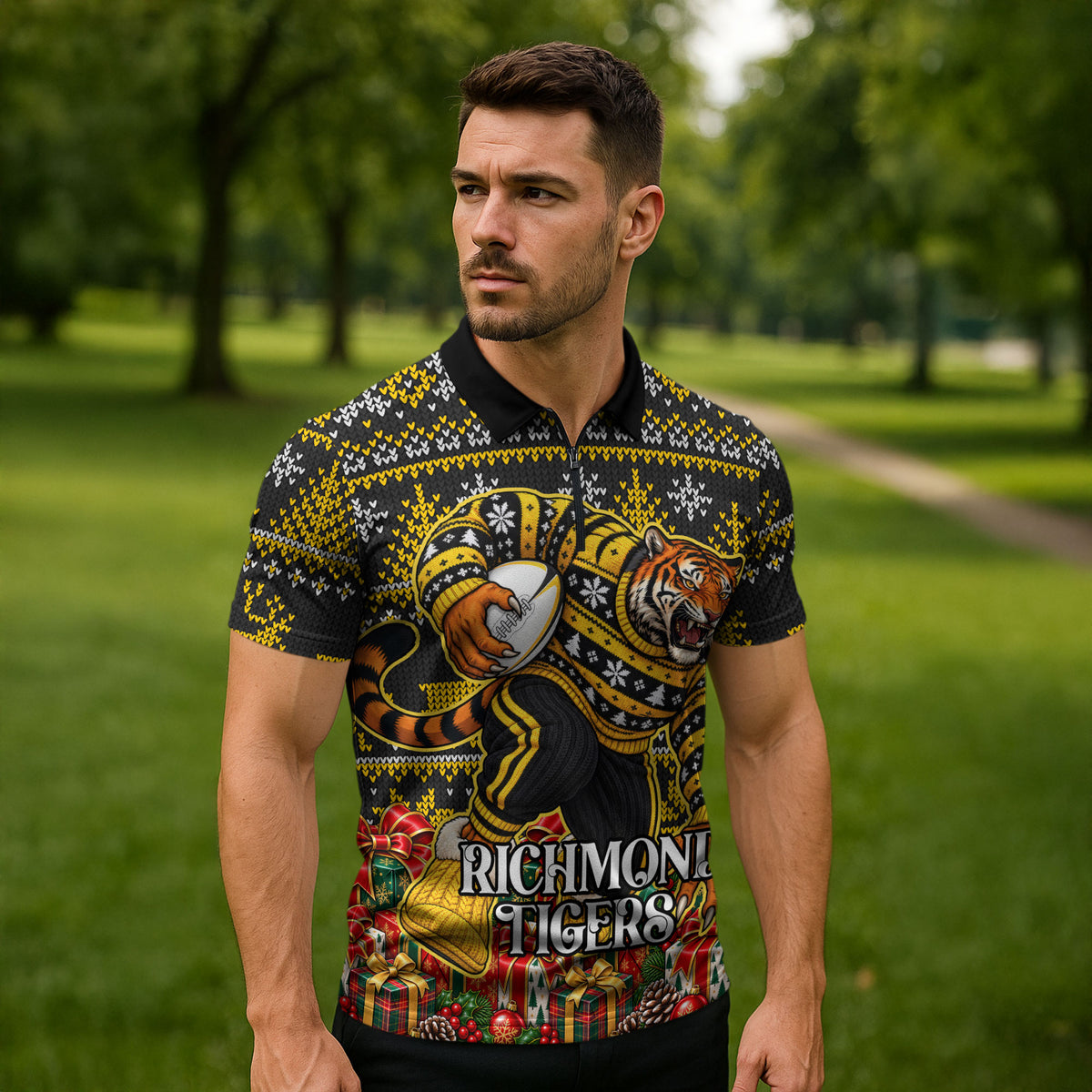 Personalized Richmond Tigers Football Christmas Zipper Polo Shirt Australian Football Mascot - Ugly Xmas Pattern Festive