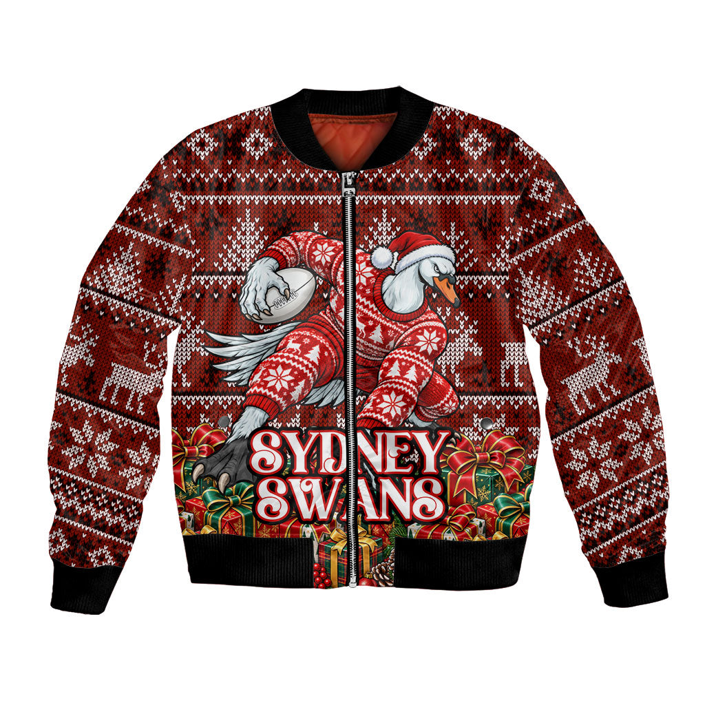Personalized Sydney Swans Football Christmas Bomber Jacket Australian Football Mascot - Ugly Xmas Pattern Festive
