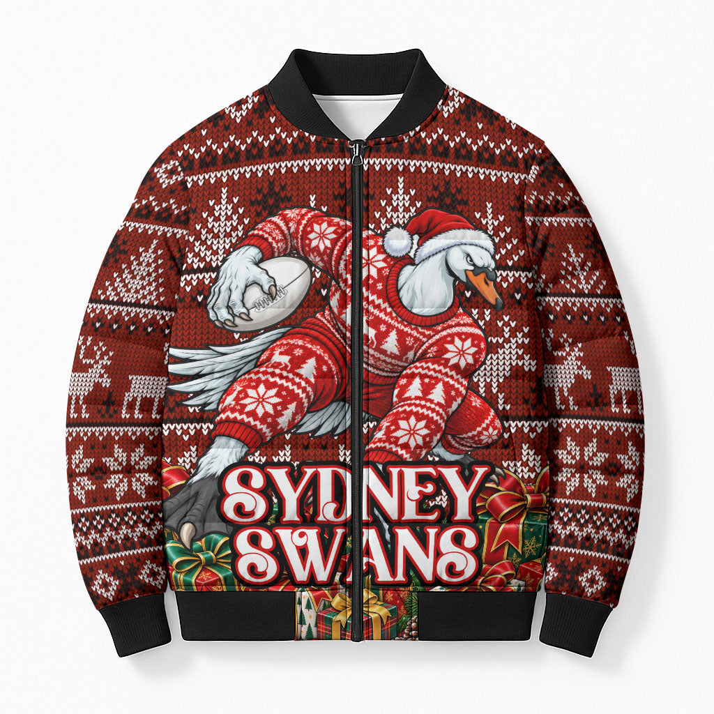Personalized Sydney Swans Football Christmas Bomber Puffer Jacket Australian Football Mascot - Ugly Xmas Pattern Festive