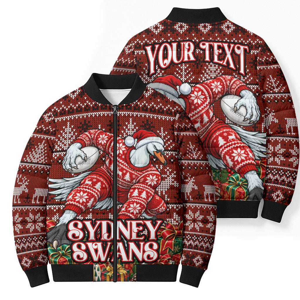 Personalized Sydney Swans Football Christmas Bomber Puffer Jacket Australian Football Mascot - Ugly Xmas Pattern Festive