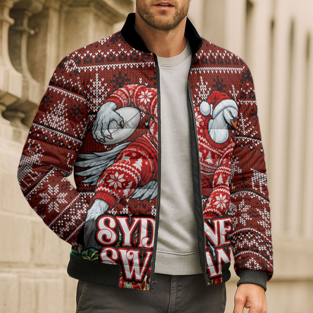 Personalized Sydney Swans Football Christmas Bomber Puffer Jacket Australian Football Mascot - Ugly Xmas Pattern Festive