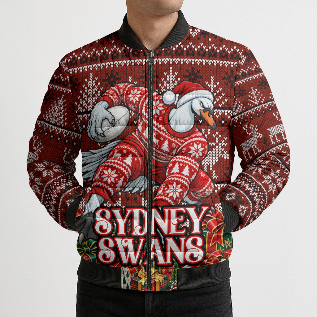 Personalized Sydney Swans Football Christmas Bomber Puffer Jacket Australian Football Mascot - Ugly Xmas Pattern Festive