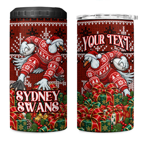 Personalized Sydney Swans Football Christmas 4 in 1 Can Cooler Tumbler Australian Football Mascot - Ugly Xmas Pattern Festive