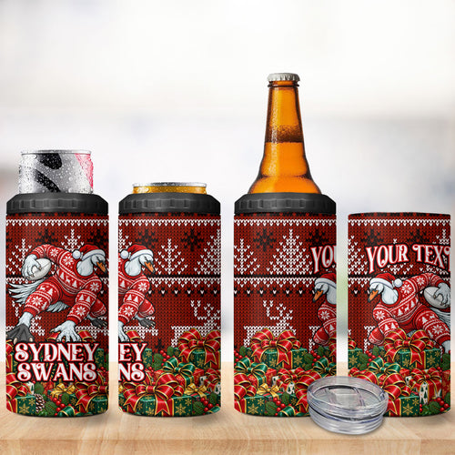 Personalized Sydney Swans Football Christmas 4 in 1 Can Cooler Tumbler Australian Football Mascot - Ugly Xmas Pattern Festive