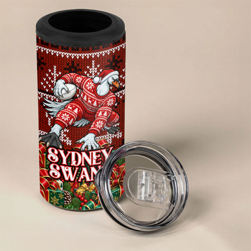 Personalized Sydney Swans Football Christmas 4 in 1 Can Cooler Tumbler Australian Football Mascot - Ugly Xmas Pattern Festive