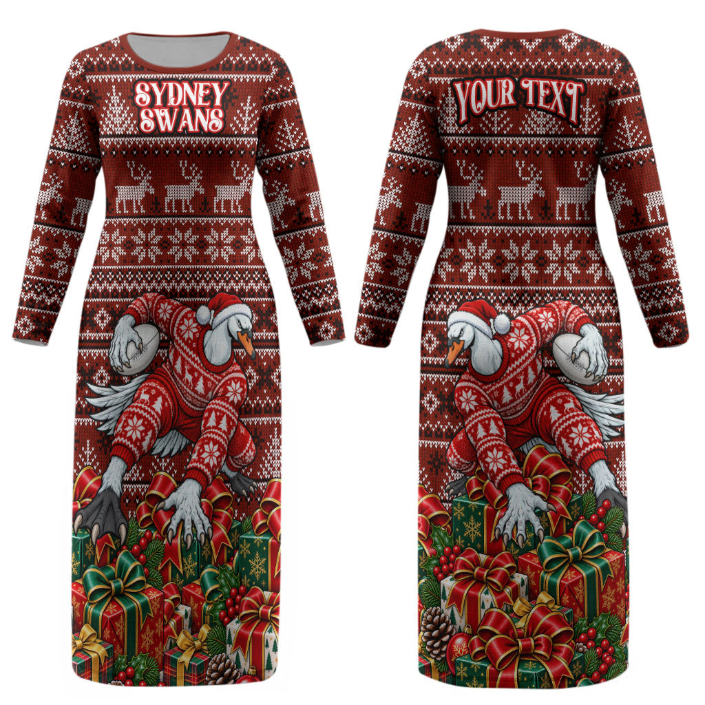 Personalized Sydney Swans Football Christmas Couples Matching Long Sleeve Bodycon Dress and Hawaiian Shirt Australian Football Mascot - Ugly Xmas Pattern Festive