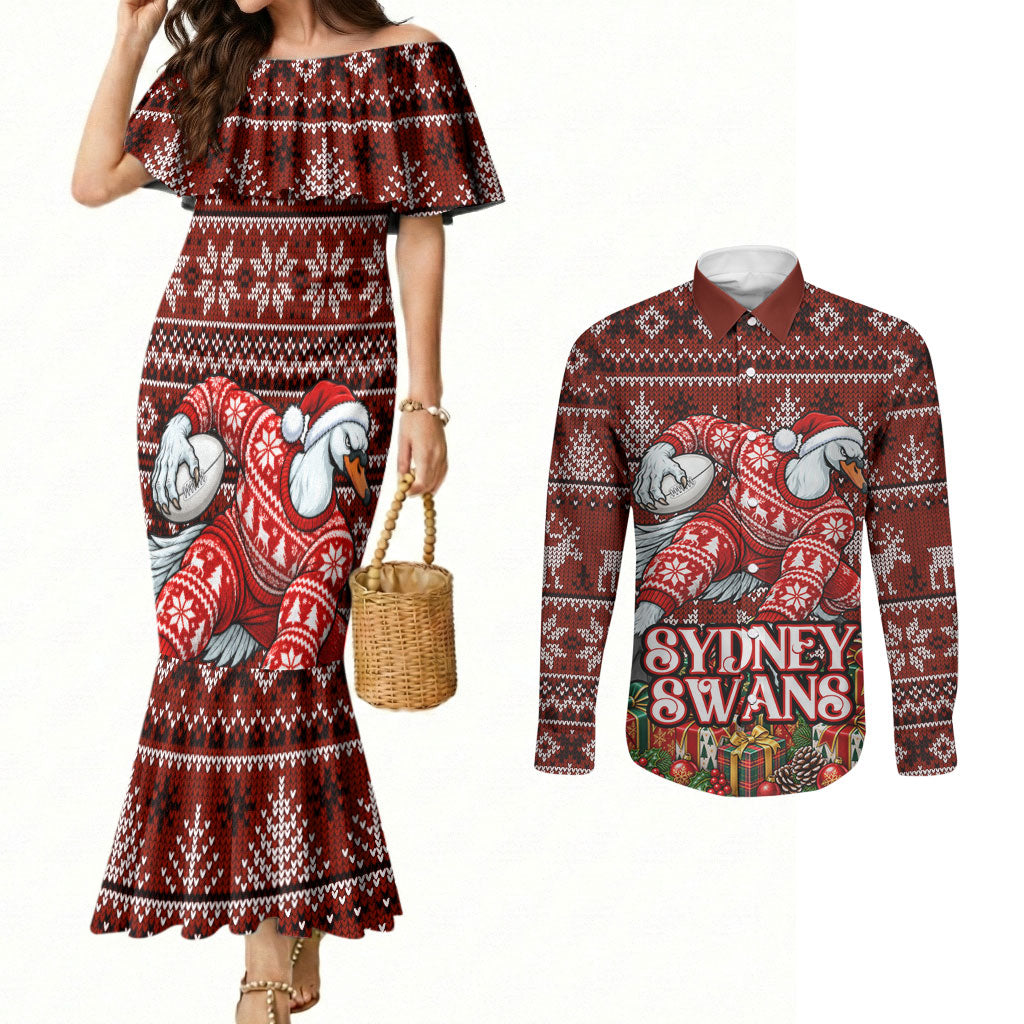 Personalized Sydney Swans Football Christmas Couples Matching Mermaid Dress and Long Sleeve Button Shirt Australian Football Mascot - Ugly Xmas Pattern Festive