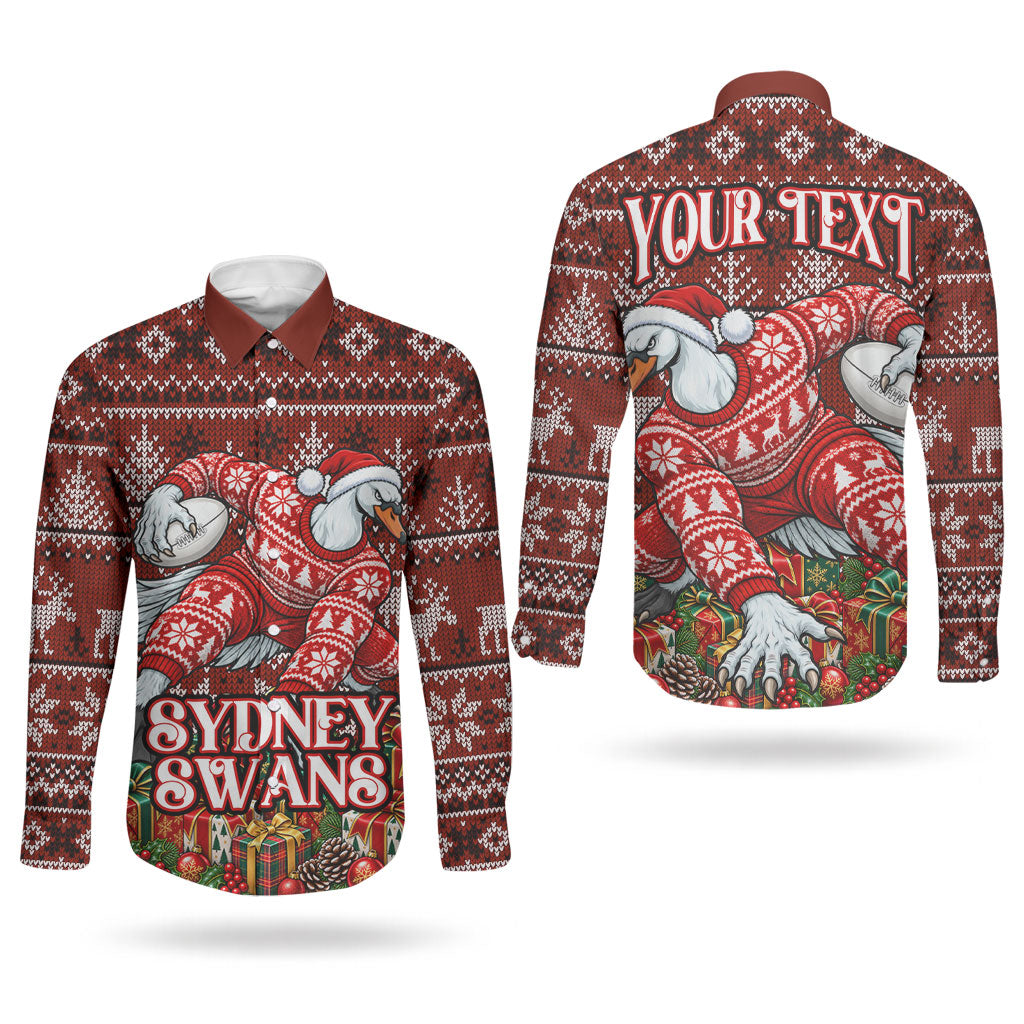 Personalized Sydney Swans Football Christmas Couples Matching Mermaid Dress and Long Sleeve Button Shirt Australian Football Mascot - Ugly Xmas Pattern Festive