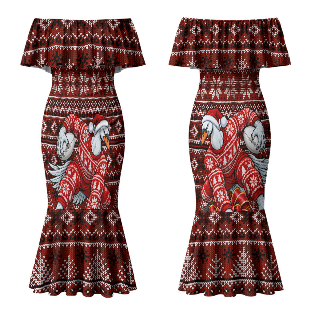 Personalized Sydney Swans Football Christmas Couples Matching Mermaid Dress and Long Sleeve Button Shirt Australian Football Mascot - Ugly Xmas Pattern Festive