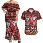 Personalized Sydney Swans Football Christmas Couples Matching Off Shoulder Maxi Dress and Hawaiian Shirt Australian Football Mascot - Ugly Xmas Pattern Festive