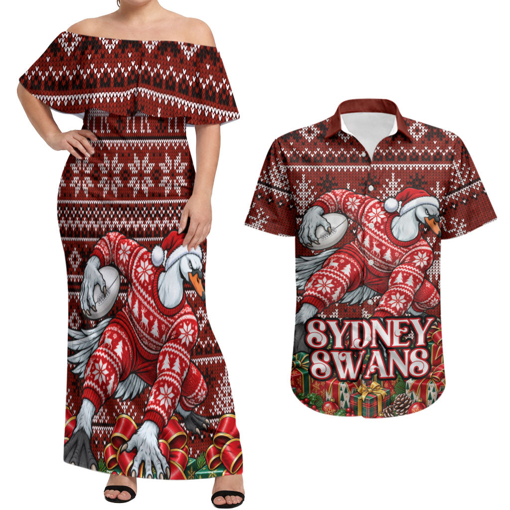 Personalized Sydney Swans Football Christmas Couples Matching Off Shoulder Maxi Dress and Hawaiian Shirt Australian Football Mascot - Ugly Xmas Pattern Festive