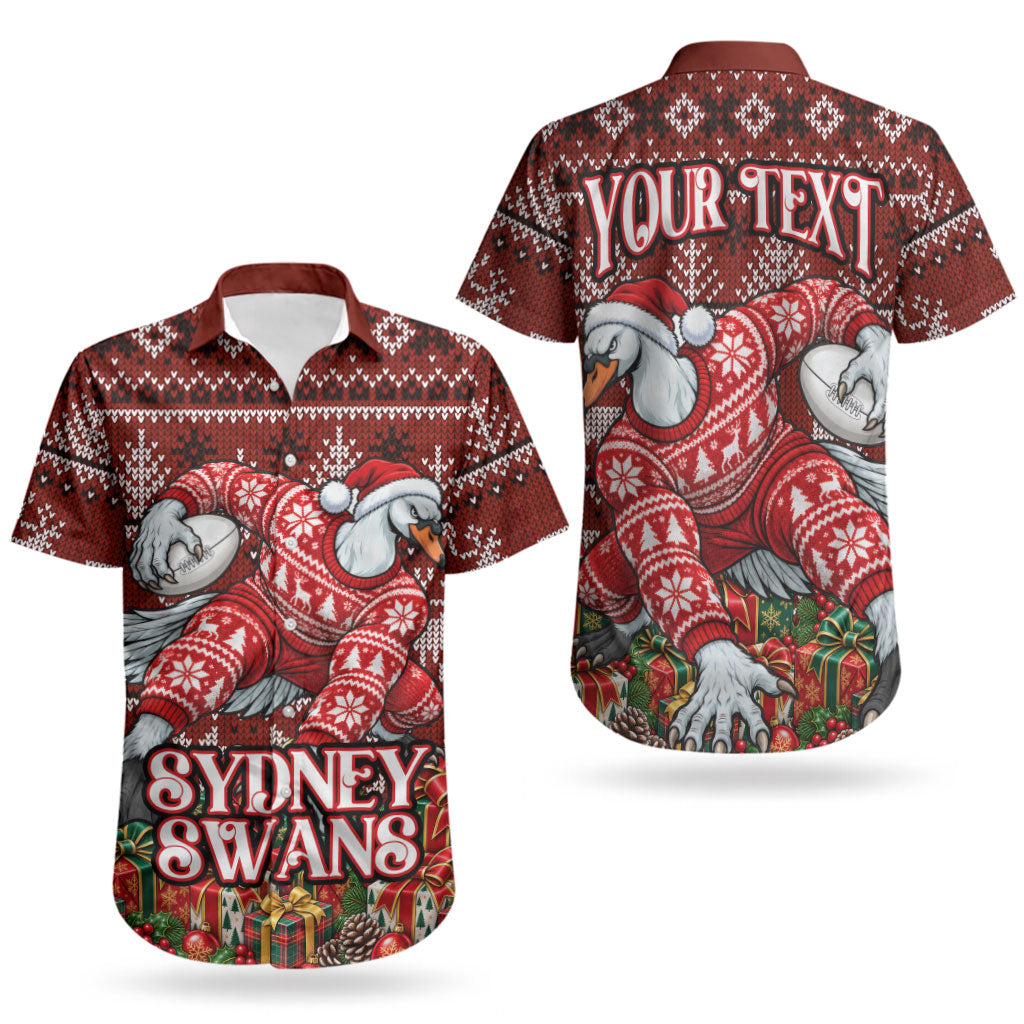 Personalized Sydney Swans Football Christmas Couples Matching Off Shoulder Maxi Dress and Hawaiian Shirt Australian Football Mascot - Ugly Xmas Pattern Festive