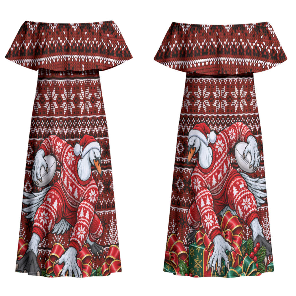 Personalized Sydney Swans Football Christmas Couples Matching Off Shoulder Maxi Dress and Hawaiian Shirt Australian Football Mascot - Ugly Xmas Pattern Festive