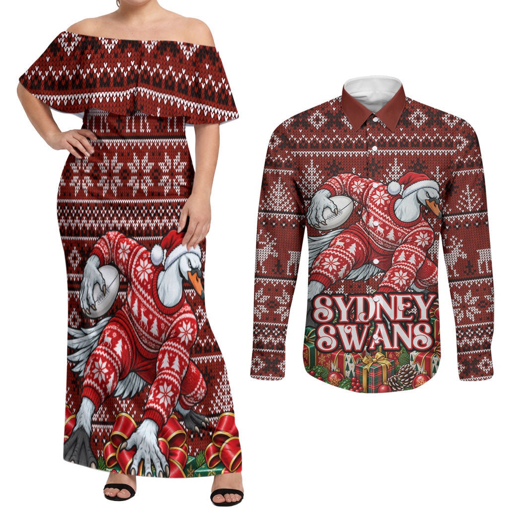 Personalized Sydney Swans Football Christmas Couples Matching Off Shoulder Maxi Dress and Long Sleeve Button Shirt Australian Football Mascot - Ugly Xmas Pattern Festive