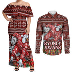 Personalized Sydney Swans Football Christmas Couples Matching Off Shoulder Maxi Dress and Long Sleeve Button Shirt Australian Football Mascot - Ugly Xmas Pattern Festive