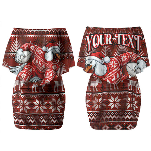 Personalized Sydney Swans Football Christmas Couples Matching Off Shoulder Short Dress and Long Sleeve Button Shirt Australian Football Mascot - Ugly Xmas Pattern Festive