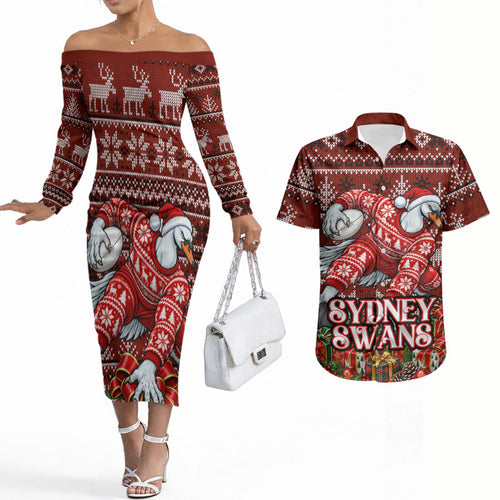 Personalized Sydney Swans Football Christmas Couples Matching Off The Shoulder Long Sleeve Dress and Hawaiian Shirt Australian Football Mascot - Ugly Xmas Pattern Festive