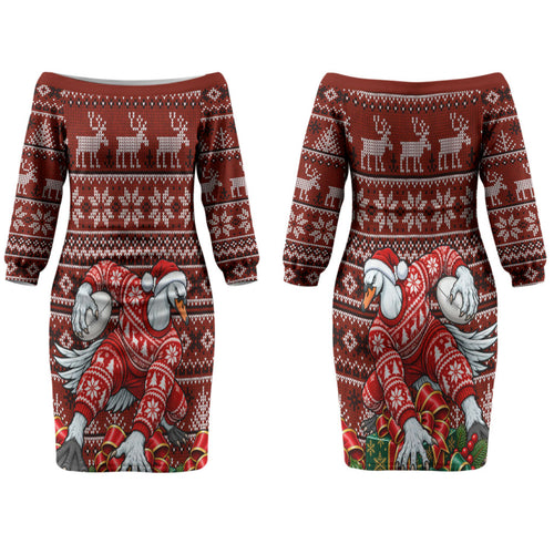 Personalized Sydney Swans Football Christmas Couples Matching Off The Shoulder Long Sleeve Dress and Hawaiian Shirt Australian Football Mascot - Ugly Xmas Pattern Festive