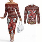 Personalized Sydney Swans Football Christmas Couples Matching Off The Shoulder Long Sleeve Dress and Long Sleeve Button Shirt Australian Football Mascot - Ugly Xmas Pattern Festive