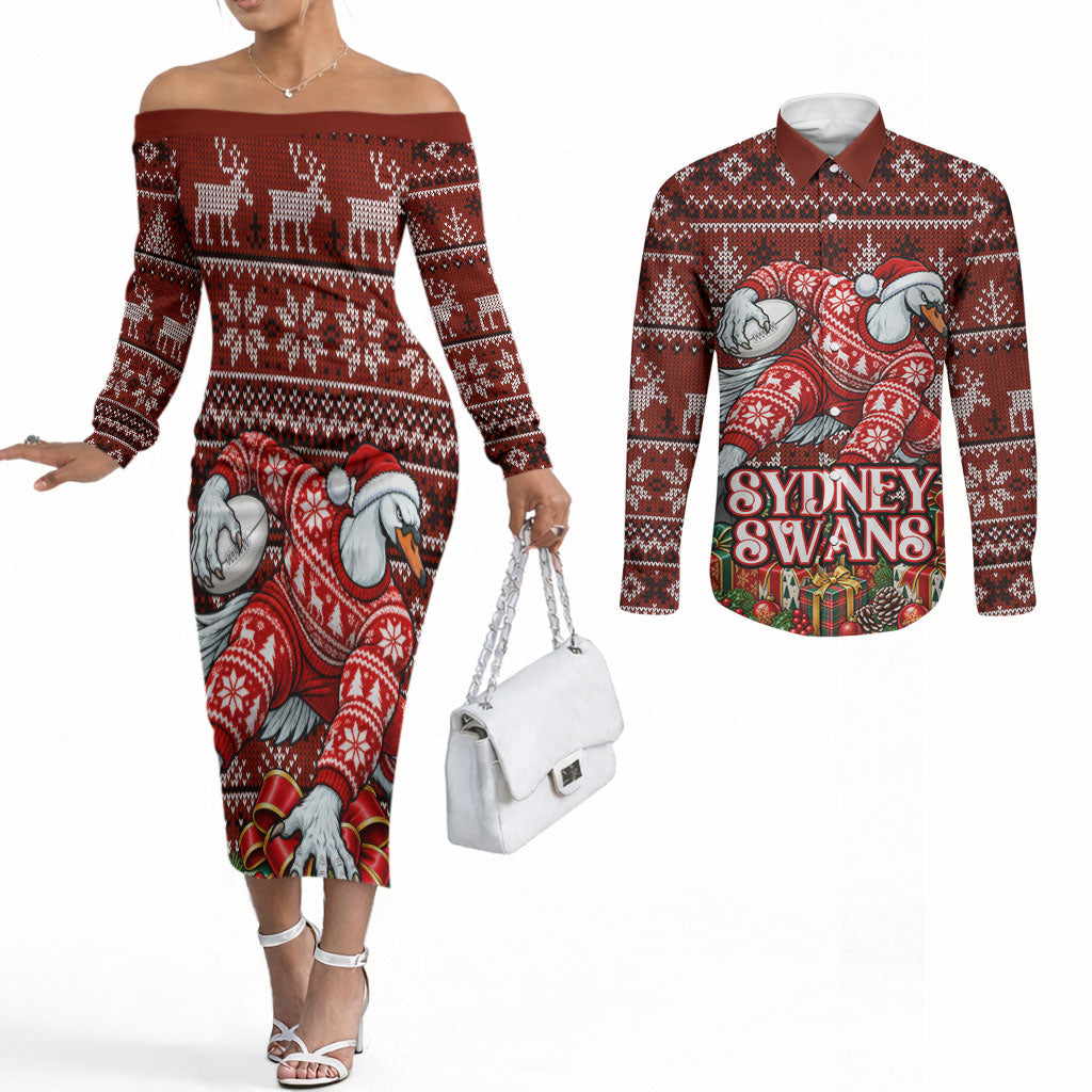 Personalized Sydney Swans Football Christmas Couples Matching Off The Shoulder Long Sleeve Dress and Long Sleeve Button Shirt Australian Football Mascot - Ugly Xmas Pattern Festive