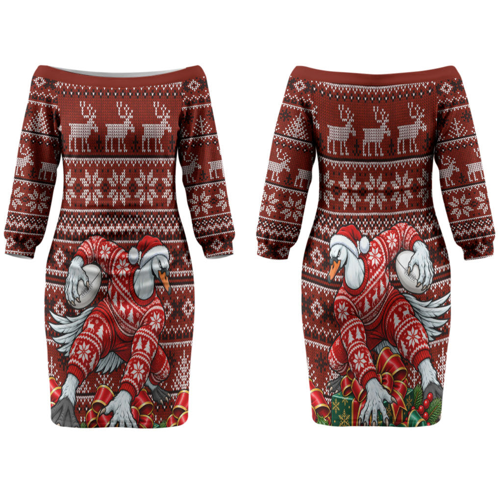 Personalized Sydney Swans Football Christmas Couples Matching Off The Shoulder Long Sleeve Dress and Long Sleeve Button Shirt Australian Football Mascot - Ugly Xmas Pattern Festive