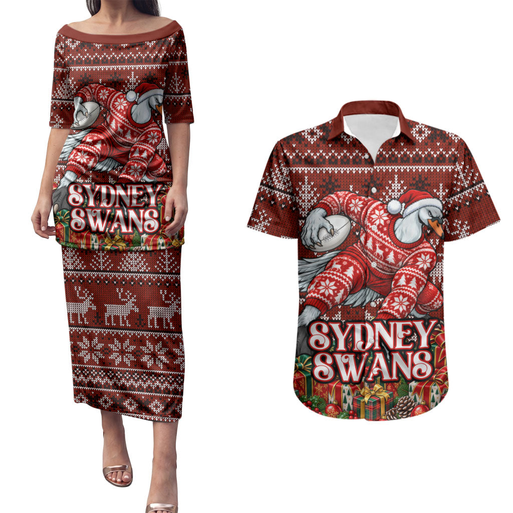 Personalized Sydney Swans Football Christmas Couples Matching Puletasi and Hawaiian Shirt Australian Football Mascot - Ugly Xmas Pattern Festive