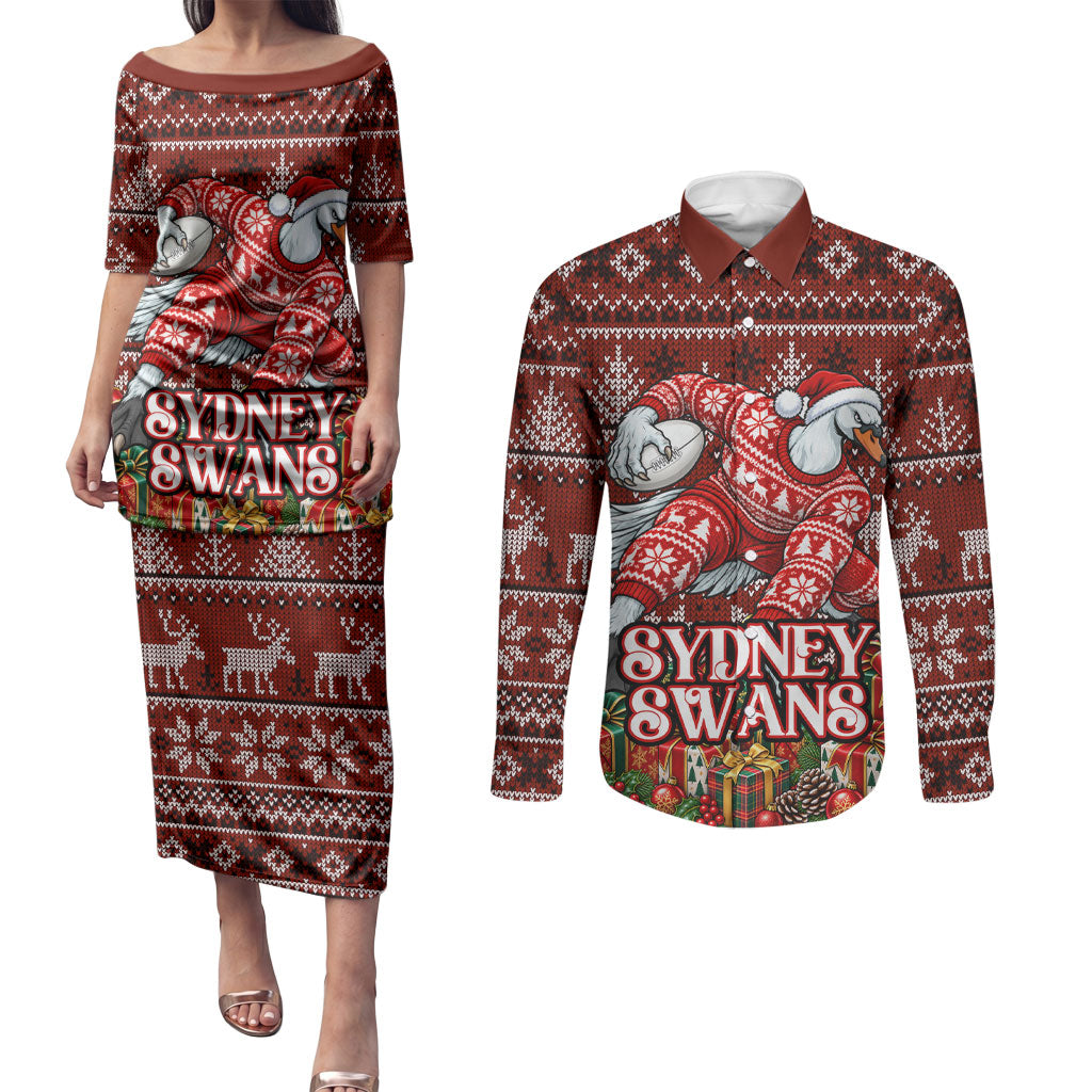 Personalized Sydney Swans Football Christmas Couples Matching Puletasi and Long Sleeve Button Shirt Australian Football Mascot - Ugly Xmas Pattern Festive