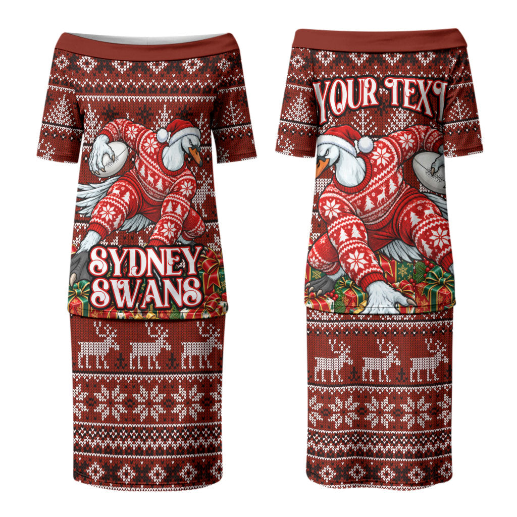 Personalized Sydney Swans Football Christmas Couples Matching Puletasi and Long Sleeve Button Shirt Australian Football Mascot - Ugly Xmas Pattern Festive