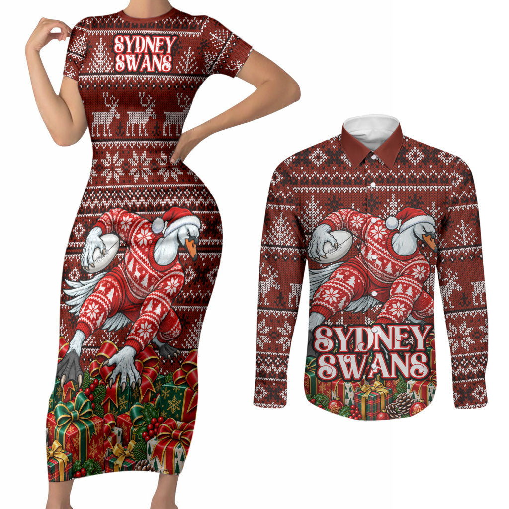 Personalized Sydney Swans Football Christmas Couples Matching Short Sleeve Bodycon Dress and Long Sleeve Button Shirt Australian Football Mascot - Ugly Xmas Pattern Festive