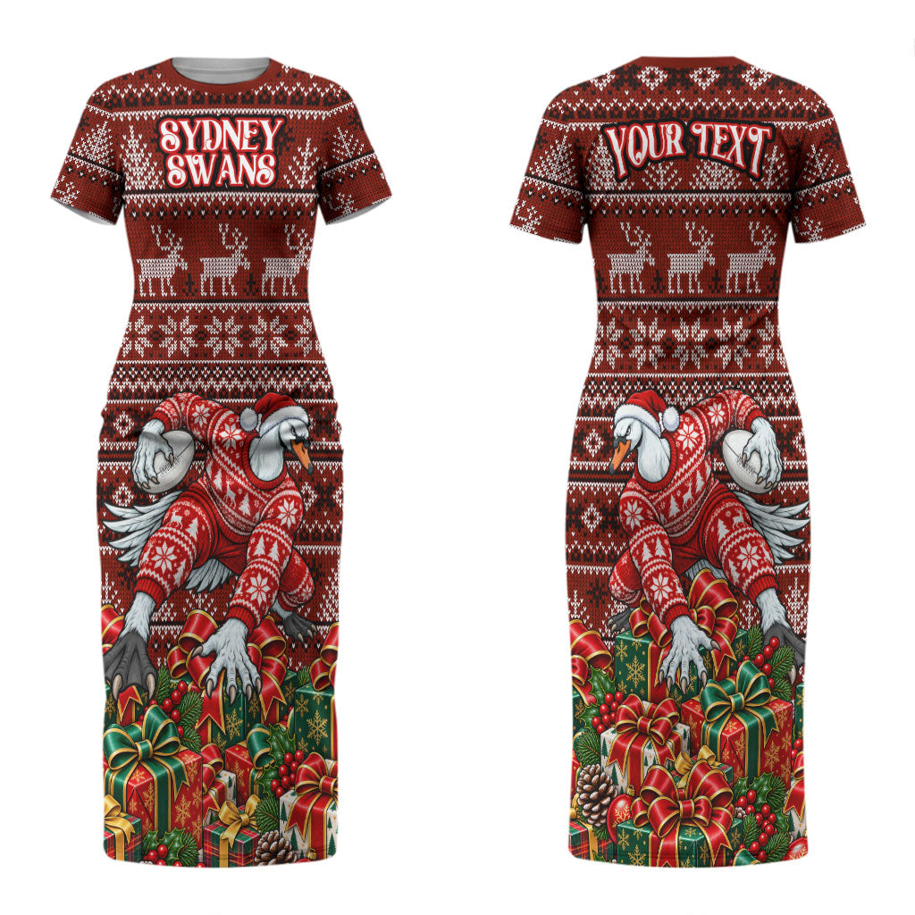 Personalized Sydney Swans Football Christmas Couples Matching Short Sleeve Bodycon Dress and Long Sleeve Button Shirt Australian Football Mascot - Ugly Xmas Pattern Festive