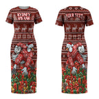Personalized Sydney Swans Football Christmas Couples Matching Short Sleeve Bodycon Dress and Long Sleeve Button Shirt Australian Football Mascot - Ugly Xmas Pattern Festive