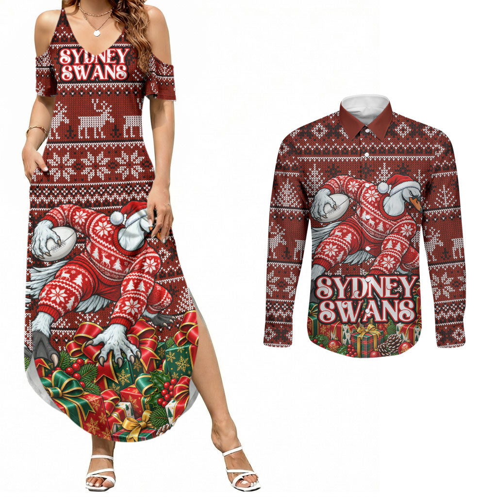 Personalized Sydney Swans Football Christmas Couples Matching Summer Maxi Dress and Long Sleeve Button Shirt Australian Football Mascot - Ugly Xmas Pattern Festive